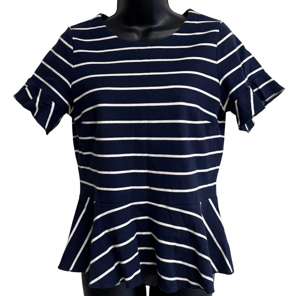 J.Crew Navy White Stripe Peplum Top Size Small Ruffle Sleeve Stretch Blouse